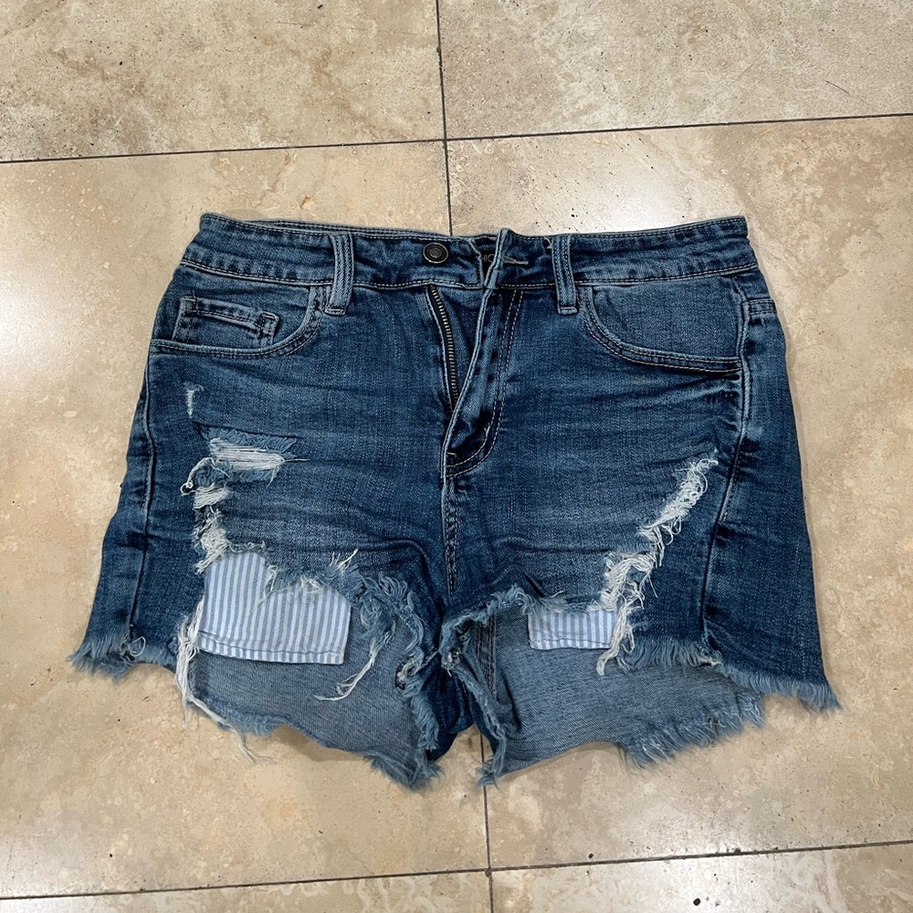 Fashion Nova Navy Blue Distressed Jean Shorts